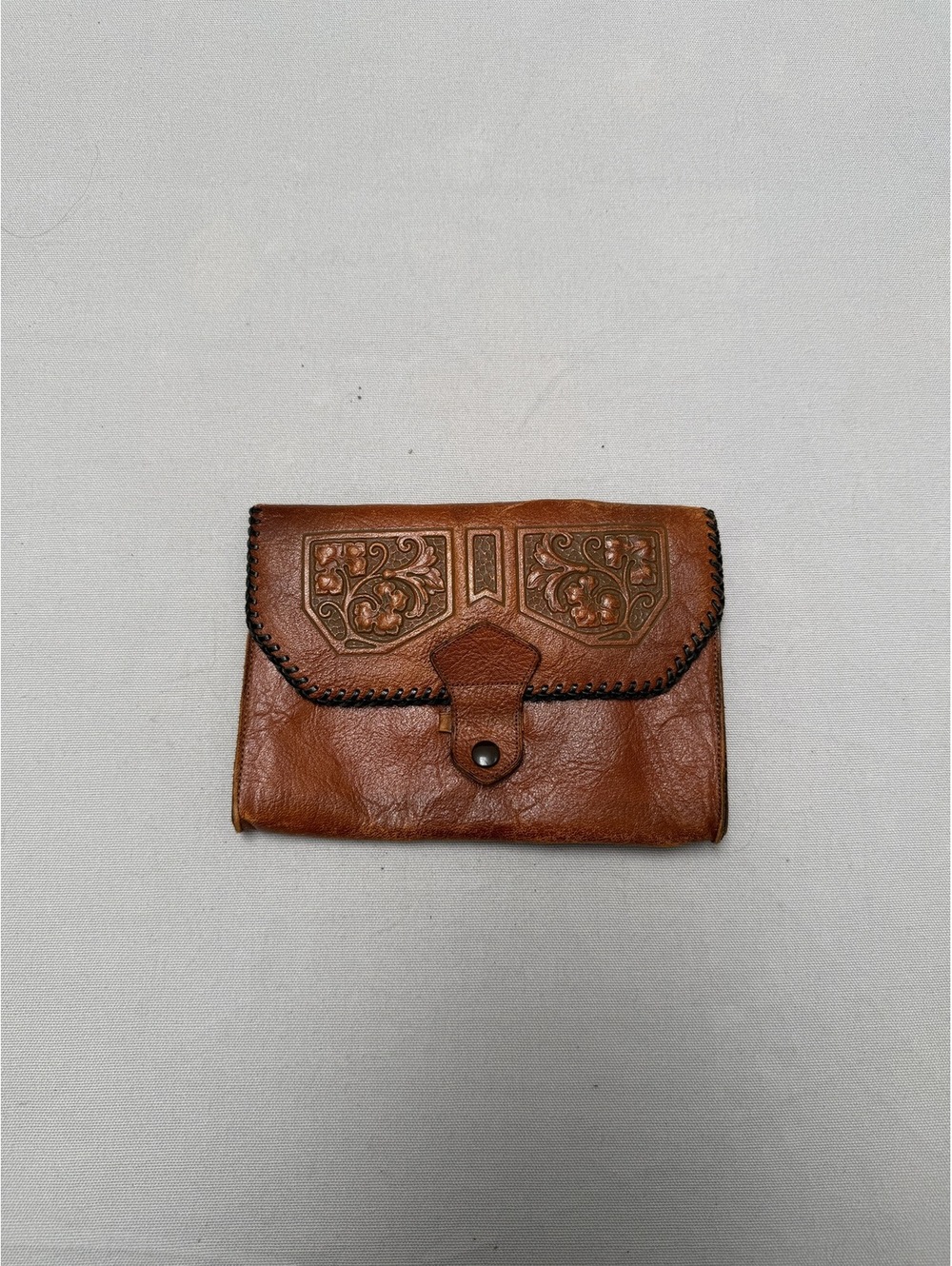 Vintage Tooled Leather Clutch Wallet - Olive Lined - OS